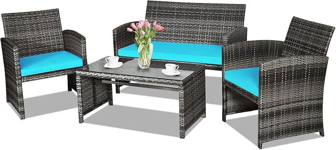 Goplus 4-Piece Rattan Patio Furniture Set, Outdoor Wicker Conversation Sofa by Goplus