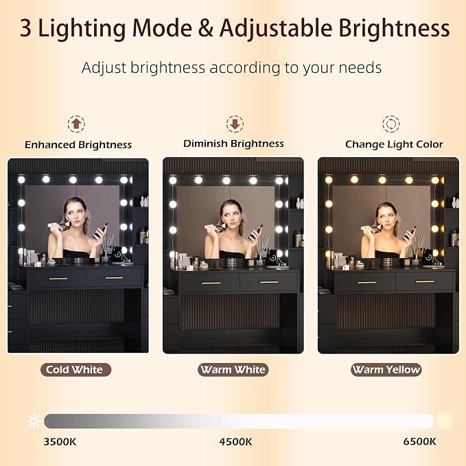 TOKSOM Black Vanity Desk with Mirror, Lights & Charging Station, 58.3" 3 - Image 4