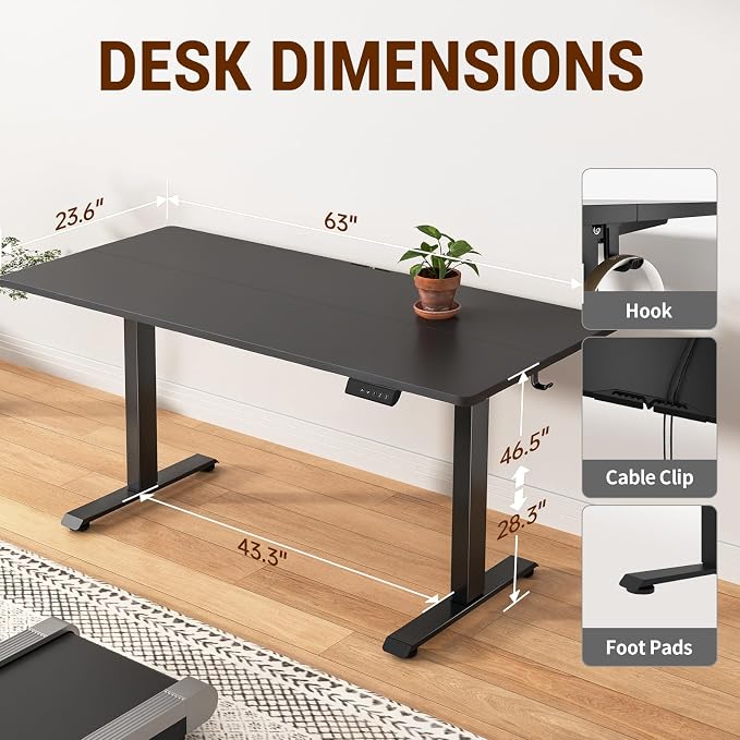 Veken 63x23.6 Inch Large Electric Standing Desk, Heights Adjustable, Sit to - Image 2
