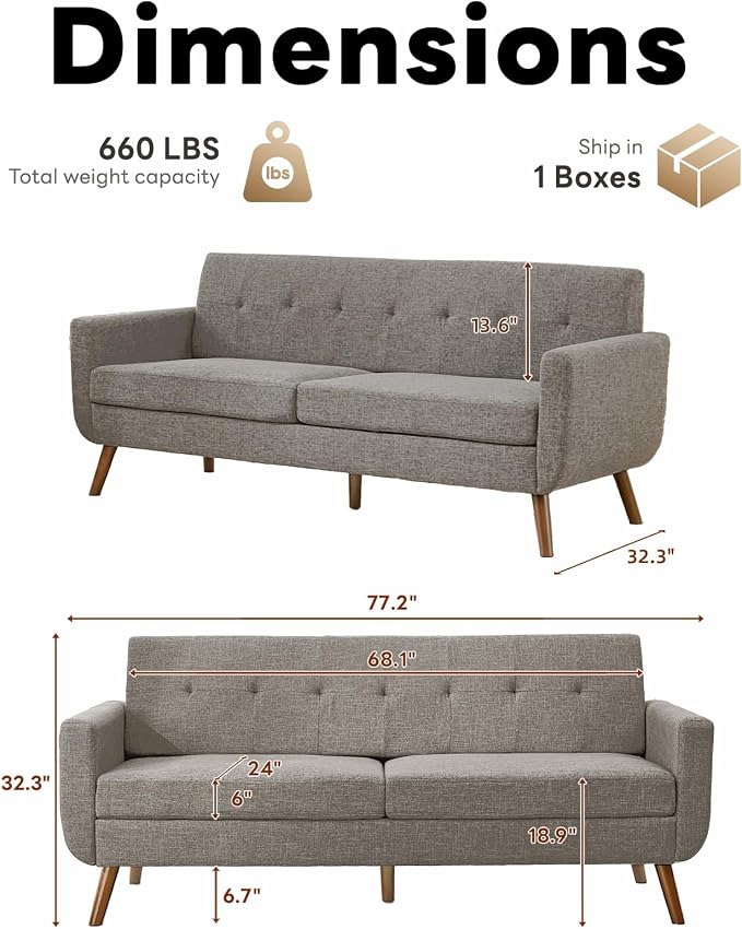 Tbfit 77.2" W Linen Sofa Couch, Mid Century Modern Decor Loveseat Couches - Image 2
