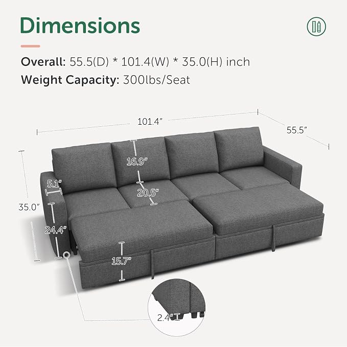 HONBAY Modular Sectional Sleeper Sofa Bed, - Image 2
