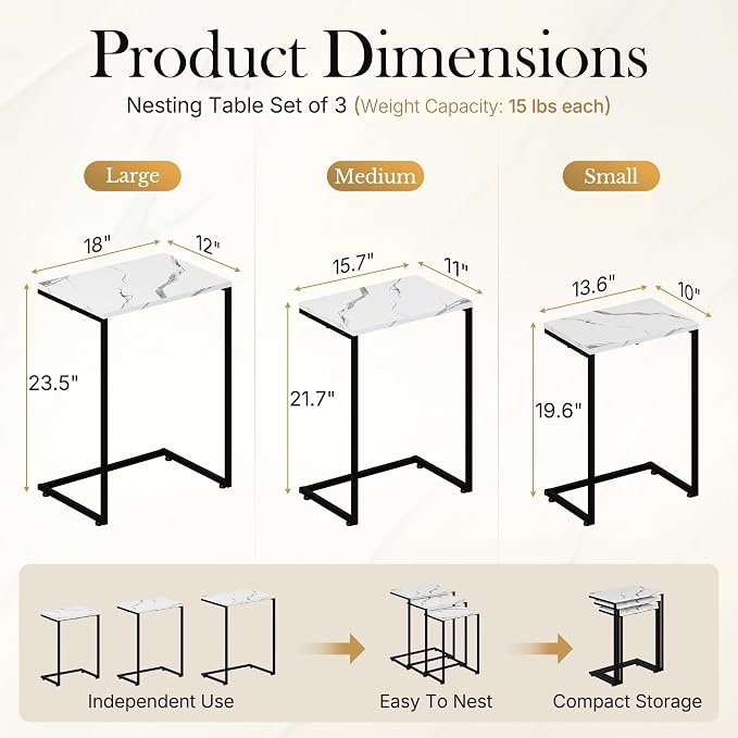 SUPER DEAL Nesting Tables Set of 3, Industrial C Shaped End Table Stackable - Image 3