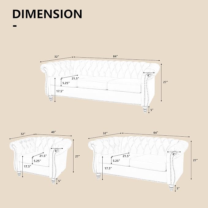 QHITTY 3 Piece Living Room Set, Sectional Chesterfield Sofa Chair Contemporary - Image 2