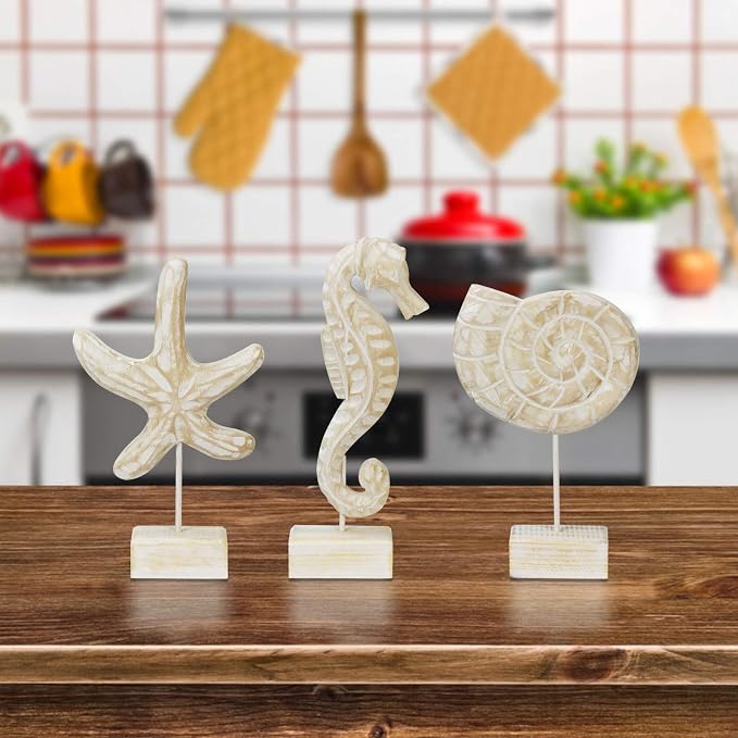 3pcs Wood Handmade Beach Nautical Style Figurines Starfish/Conch/Seahorse - Image 4