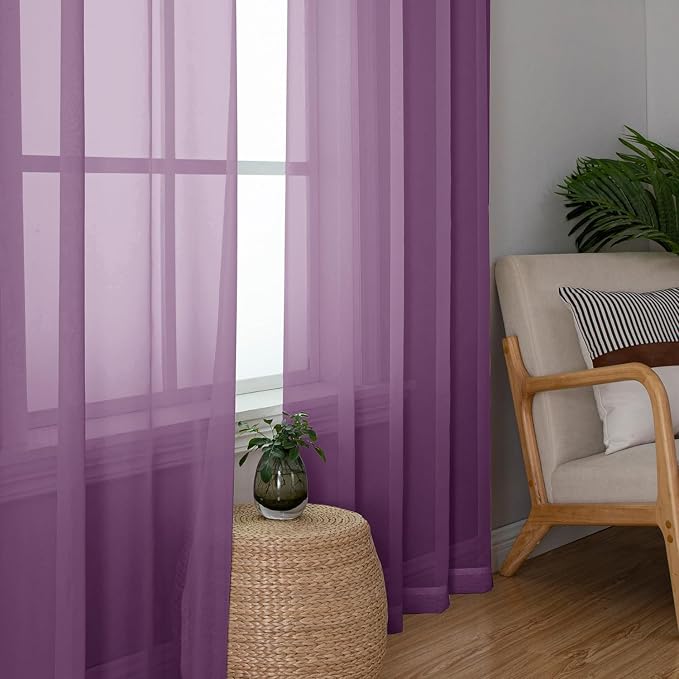 Aiyufeng Plum Purple Sheer Curtains 63 Inches Long 2 Panels Set, Solid Voile - Image 5