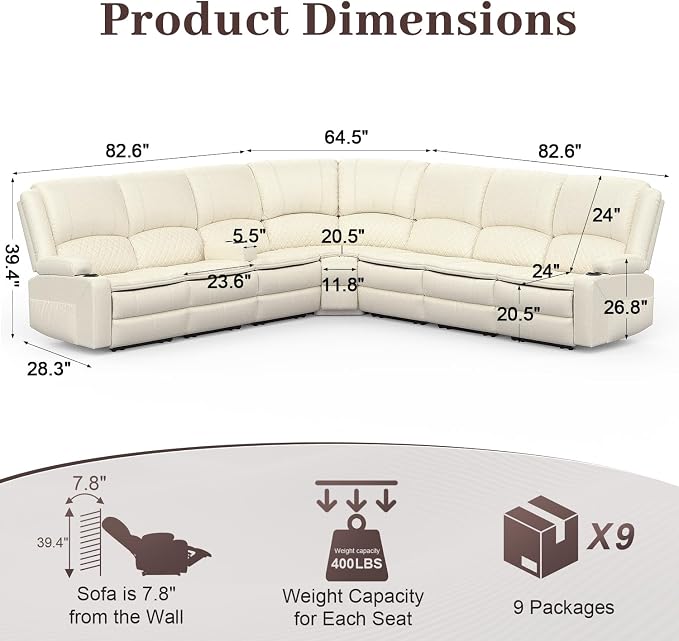 Yolsali Manual Reclining Sectional Sofa Set, 7 Seats Soft Leather Recliner - Image 2