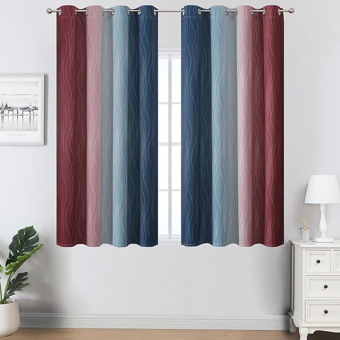 Estelar Textiler Navy Blue and Burgundy Red Ombre Blackout Curtains 45 Inches - Image 2