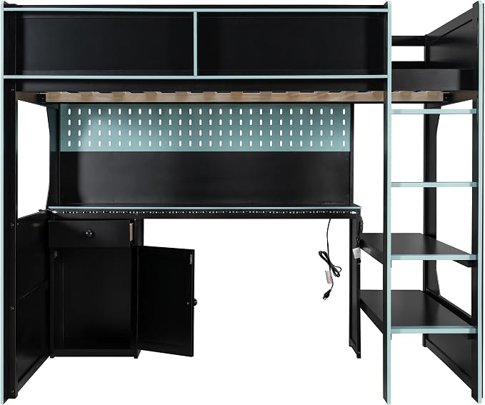 Modern Gaming Loft Bed with Built-in Desk, LED Lighting & Charging Hub – Full - Image 9