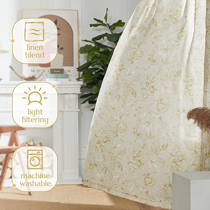 jinchan Floral Curtains 84 Inches Long Mustard Yellow Flower Linen Farmhouse - Image 7
