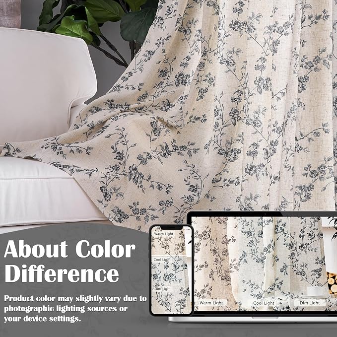 Lazzzy Black Floral Linen Curtains 90 Inch Farmhouse Back Tab Drapes - Image 5
