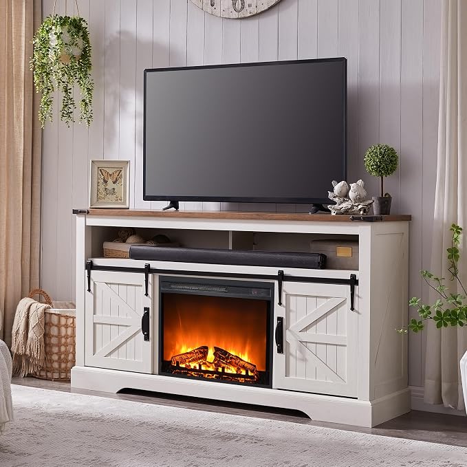 OKD Fireplace TV Stand for 65+ Inch TV, Rustic Media Console w/Sliding Barn by OKD