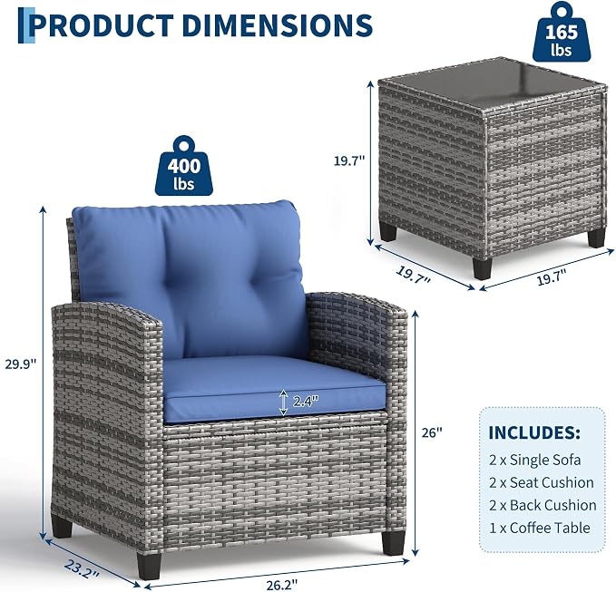 GarveeHome 3-Piece Outdoor Wicker Sofa Set, PE Rattan Patio Furniture - Image 2