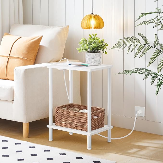 HOOBRO Side Table with Charging Station, Nightstand with 2-Layer Storage Shelves - Image 6