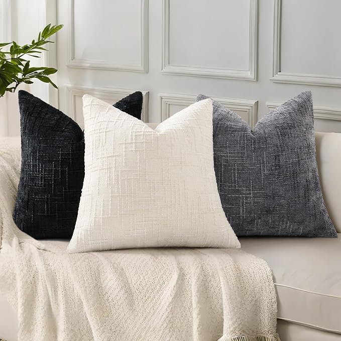 decorUhome Black Chenille Euro Sham Throw Pillow Covers 24x24 Set of 2 Textured - Image 4