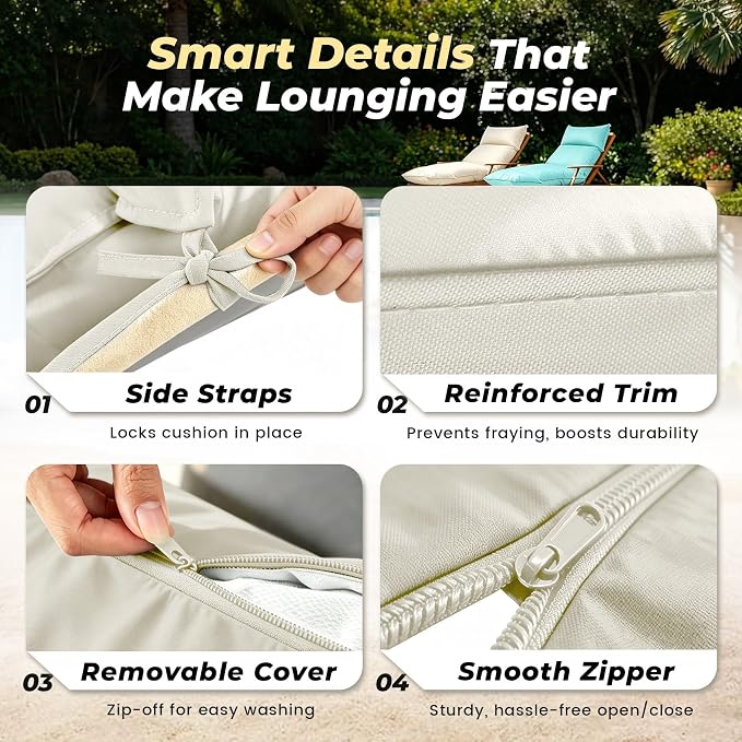Outdoor Chaise Lounge Chair Cushion, Waterproof Non-Slip Patio Chaise Lounge - Image 5