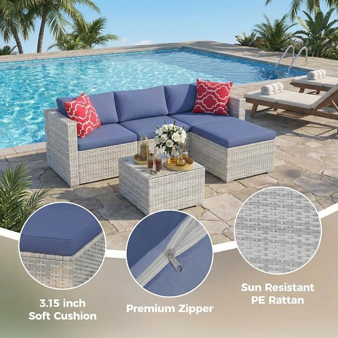 5-Piece Patio Sectional Sofa Set, All-Weather Brown PE Rattan Outdoor - Image 3
