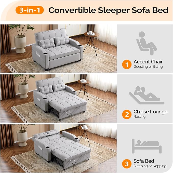 VINGLI Convertible Loveseat Sleeper Sofa, Light Grey Faux Leather Futon Sofa - Image 5