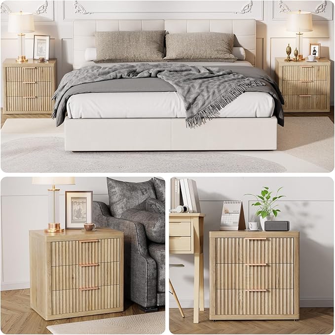 Night Stand with 3 Drawers, Fluted Bed Side End Table with Metal Handle - Image 3