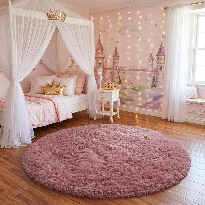 Blush Pink Big Round Rug 8Ft for Kids Bedroom, Large Fluffy Fuzzy Furry Circle - Image 4