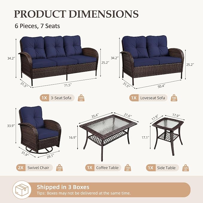 UPHA 6 Pieces Patio Furniture Sets, Wicker Outdoor Sofa Set - Image 2