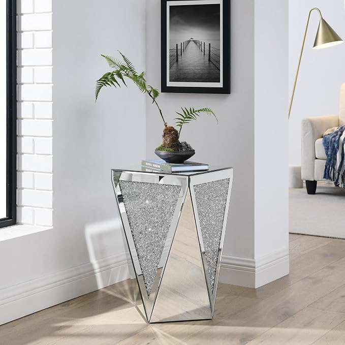Inverted Triangular Mirror Square End Table, Crystal Diamond Inlaid Coffee Table by HEPMIMZHU
