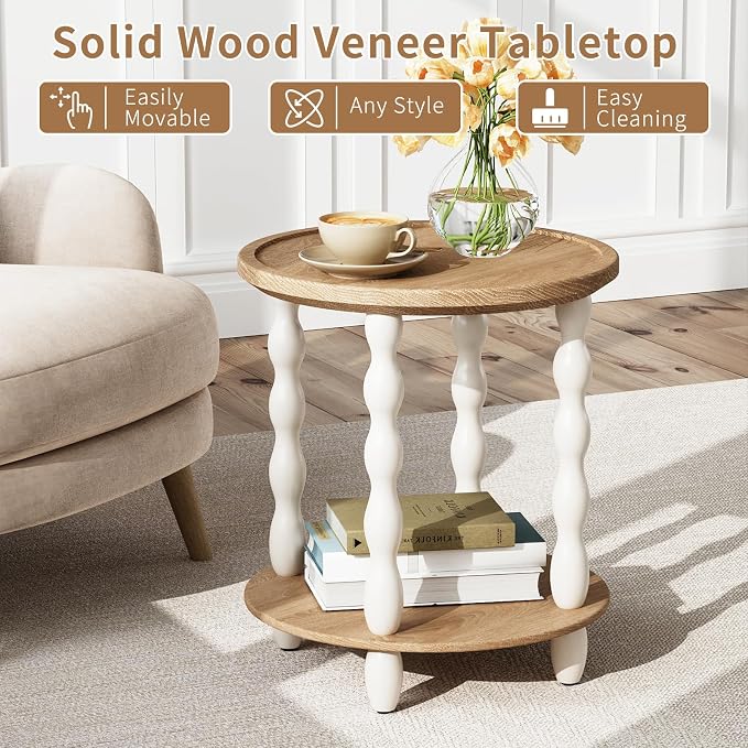 Round End Table, 2-Tier Farmhouse End Table, 18.5'' Handcrafted Weathered Look - Image 3