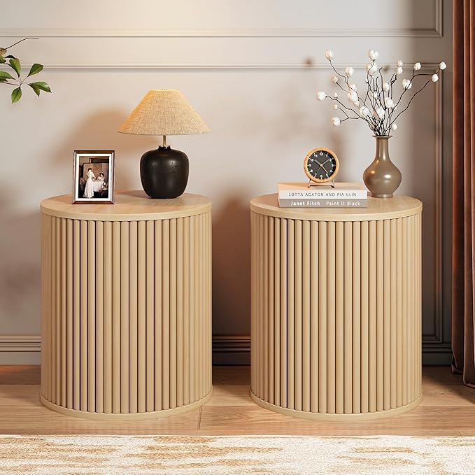 AVZEAR Small Round Side Table Fluted Night Stand Set of 2, Modern Boho End Table by AVZEAR