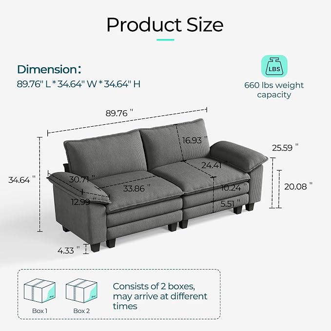LINSY HOME 90" Modular Cloud Love Seat Sofa, Corduroy Soft Sectional Couch - Image 2