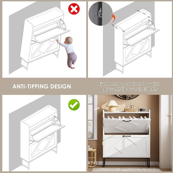 Nicetree Shoe Cabinet with 2 Flip Drawers, Freestanding Shoe Organizer - Image 5