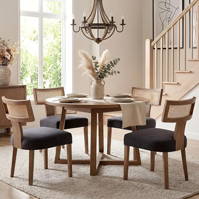 HNY Mid Century Modern Rattan Dining Chairs Set of 2, Farmhouse Linen - Image 7