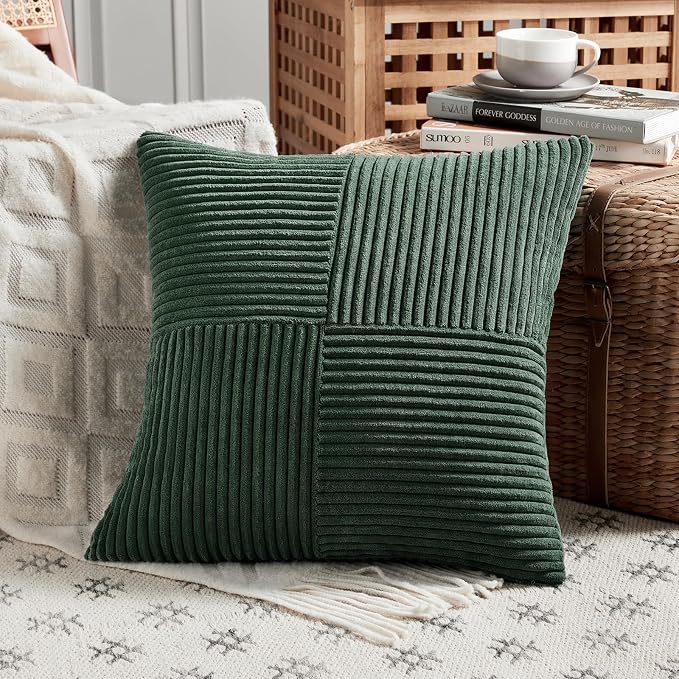 Fancy Homi Set of 2 Dark Green Boho Decorative Throw Pillow Covers 18x18 Inch - Image 2