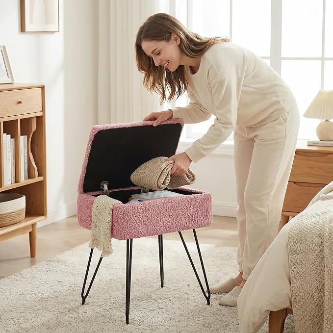 Vanity Stool Chair, Faux Teddy Fur Ottoman Foot Stool - Image 8