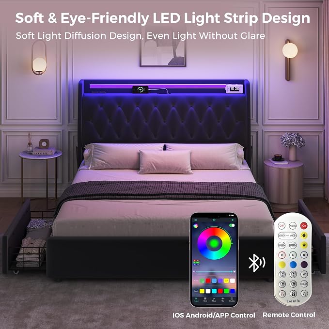 Full LED Velvet Bed Frame with 2 Storage Drawers&Hidden Headboard, Upholstered - Image 8
