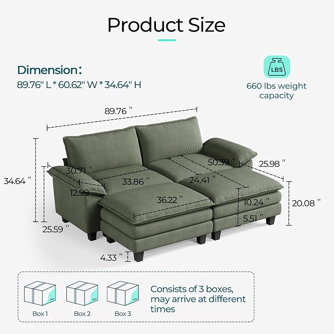 LINSY HOME 90" Modular Cloud Love Seat Sofa, Corduroy Soft Sectional Couch - Image 2