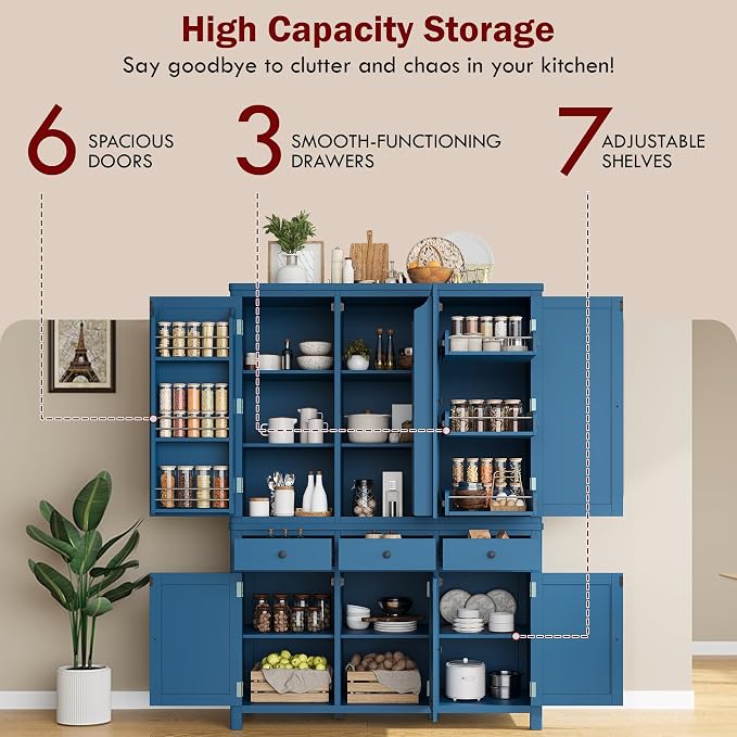 74.8''H High Freestanding Kitchen Pantry, Wooden Kitchen Organizers Cupboard - Image 6