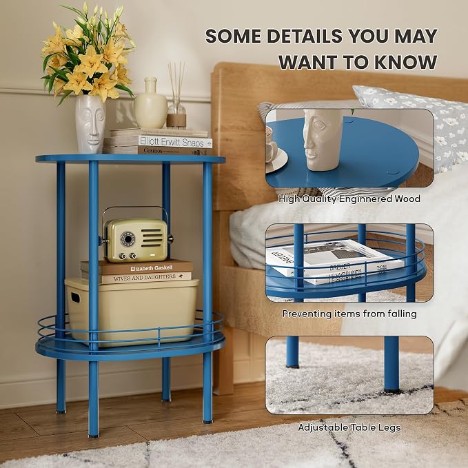 DGSANDGO Blue Oval Side Table, Side Tables Living Room, 2-Tier Nightstand - Image 4