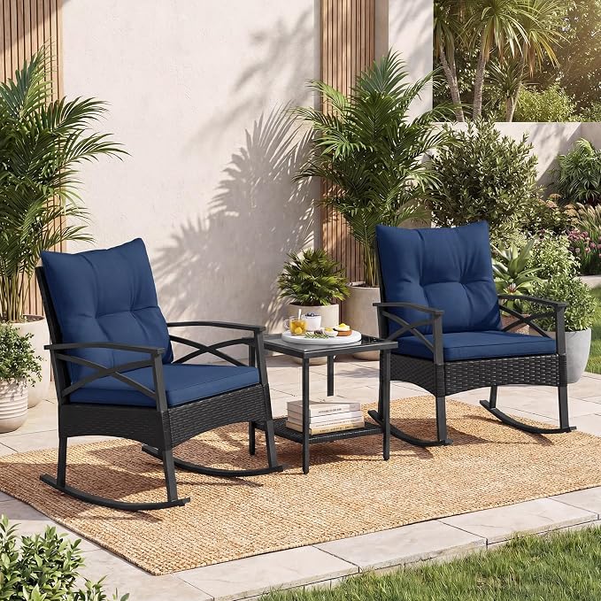 Tangkula 3 Pieces Outdoor Rocking Chairs Set, Rattan Heavy Duty Cushioned - Image 2