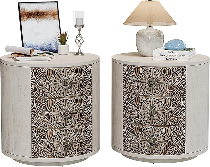 SUNBURY Round Night Stand Set of 2, Farmhouse Bedside Table, Farmhouse End Table by SUNBURY
