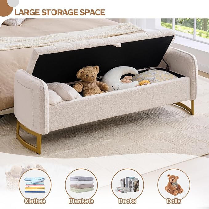 66" End of Bed Bench King Size, Teddy Boucle Storage Bench - Image 3