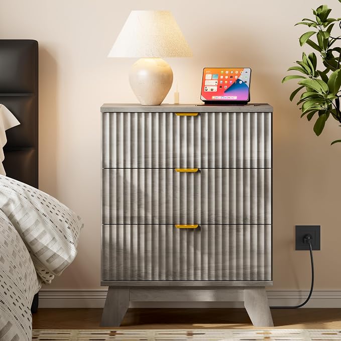 BORNOON 30.5" Nightstand with Charging Station, 3-Drawer Fluted Bedroom Chest - Image 3