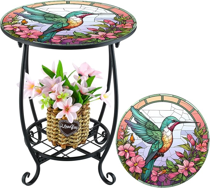 Cinnvoice Outdoor Side Table Round Small Mosaic Patio Accent Indoor End Plant by Cinnvoice