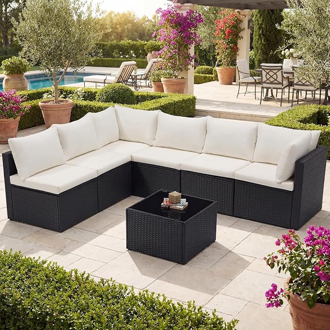 DUMOS 7 Piece Outdoor Patio Sectional Sofa, Modular Wicker Furniture Set - Image 8