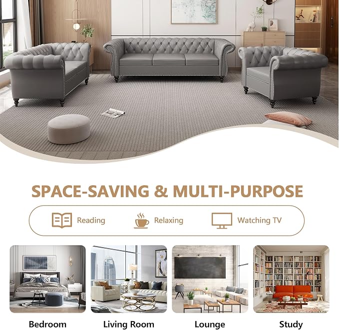 Chesterfield 3 Seater Sofa, Modern Leather Tufted Couch 3 Seater - Image 8