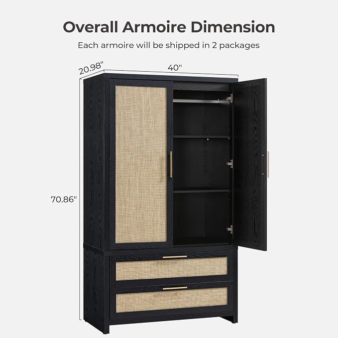 SICOTAS Rattan Armoire Wardrobe Closet Cabinet, 2 Drawers and Hanging Rod - Image 2