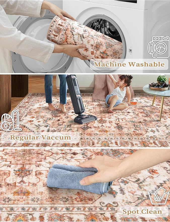 SERISSA Boho Washable Runner Rug, 2x6 Rug Non-Slip Vintage Peach Cream Hallway - Image 2