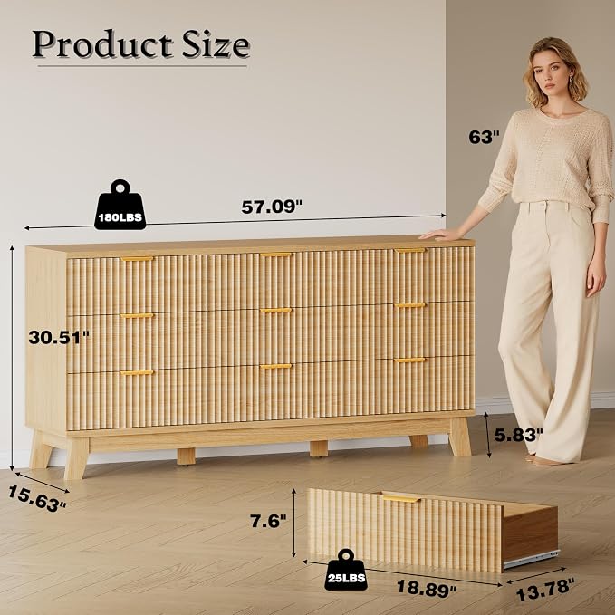 BORNOON Fluted 9 Drawer Dresser, 57.1" Wide Modern Boho Chest of Drawers - Image 2