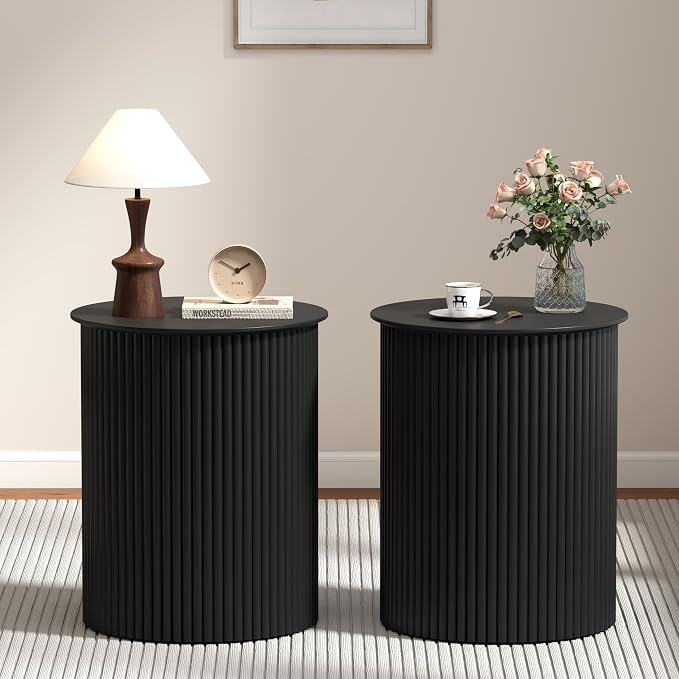 AVZEAR Small Round Side Table Fluted Night Stand Set of 2, 17.7" Mid Century by AVZEAR
