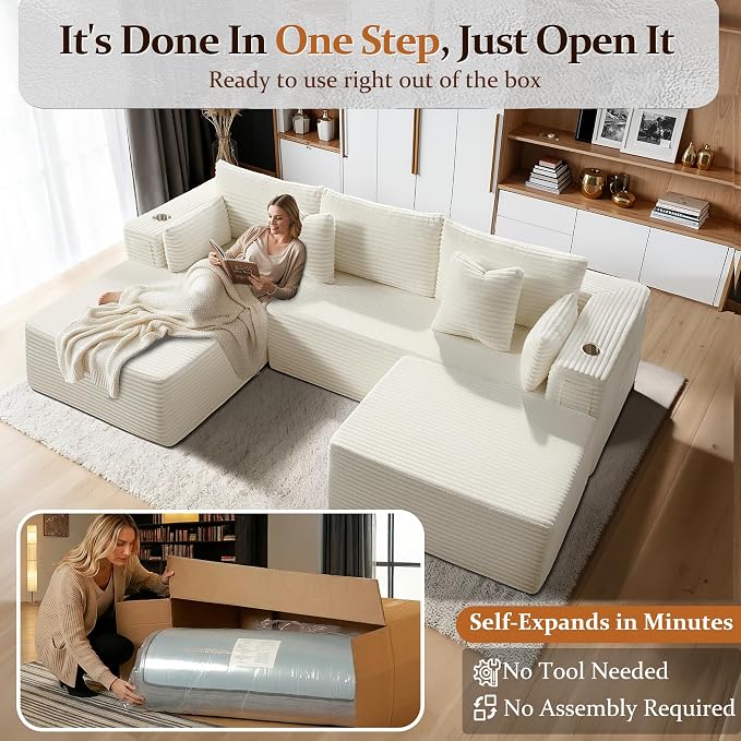 108" Cloud Sectional Couch, Comfort U Shaped Boneless Couch - Image 3