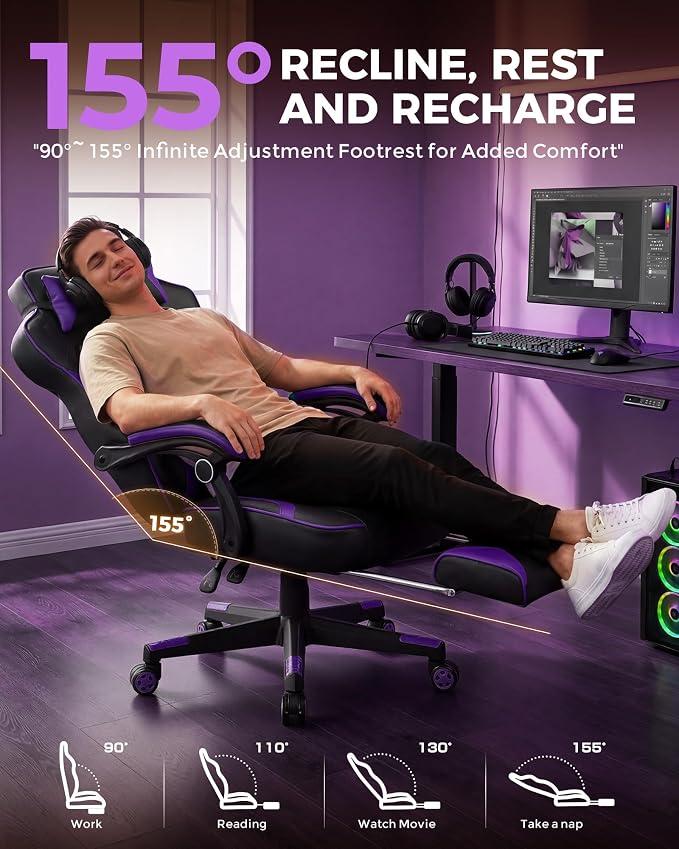 GTPLAYER Gaming Chair with Footrest, Big and Tall Game Chair 350lb Racing Style - Image 6