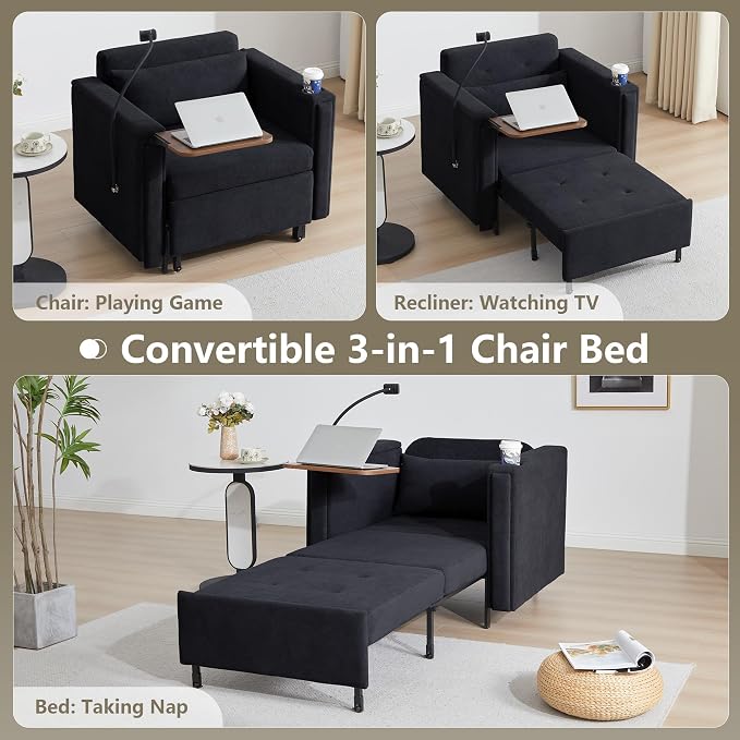 LEVNARY 3-in-1 Convertible Sleeper Chair Pull Out Bed, Single Sofa Chair Sleeper - Image 3